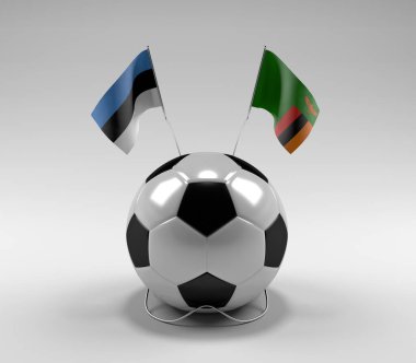 Estonya - Zambiya Futbol Bayrakları, Beyaz Arkaplan - 3D Render