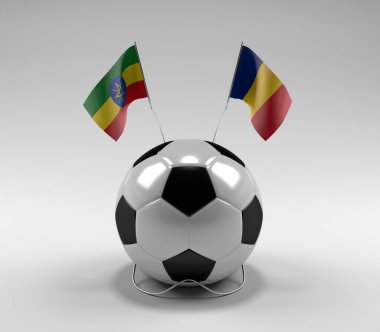 Etiyopya - Romanya Futbol Bayrakları, Beyaz Arkaplan - 3D Render