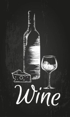 Karatahtaya tebeşirle çizilmiş bir bardak ve peynirle şişede iç. Bar menüsü. Vektör illüstrasyonu