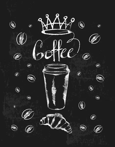 Paper Coffee Cup Croissant Coffee Beans Vintage Vector Chalk Drawing — Vettoriale Stock