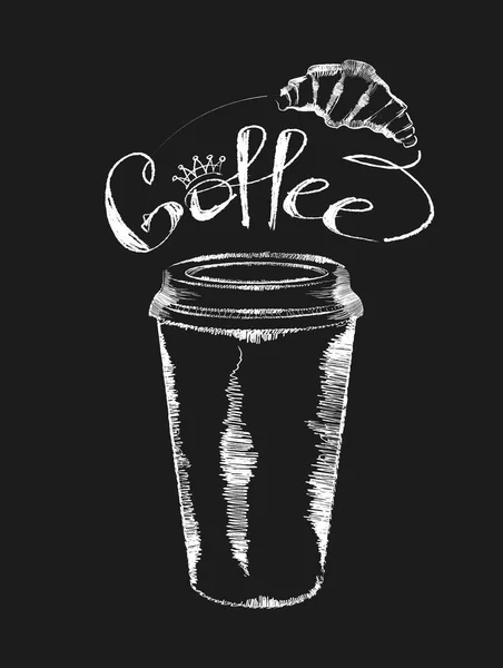 Cup Coffee Croissant Black Background Chalk Board Vector Illustration — стоковый вектор