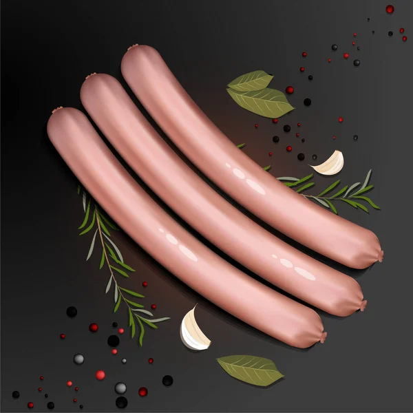 Delicious Sausages Spices Vector Illustration Black Background — Vetor de Stock
