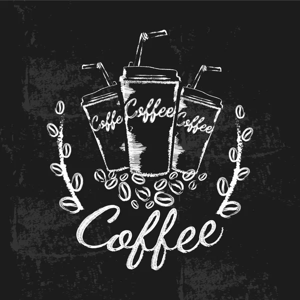 Gläser Mit Kaffee Und Kaffeebohnen Kreidezeichnung Auf Einer Schwarzen Tafel — Stockvektor