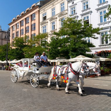 Krakow, Polonya - 15 Eylül 2021: Krakow 'un tarihi şehir merkezinde at arabası ve at arabasıyla gezintiye çıktı.