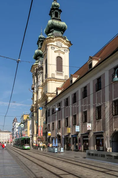 Linz Austria September 2021 Old City Center Linz Colorful Trams — Stock Photo, Image