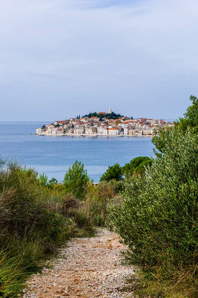 Sentiero Conduce Alla Costa Dell Oceano Adriatico Con Idilliaco Villaggio — Foto Stock