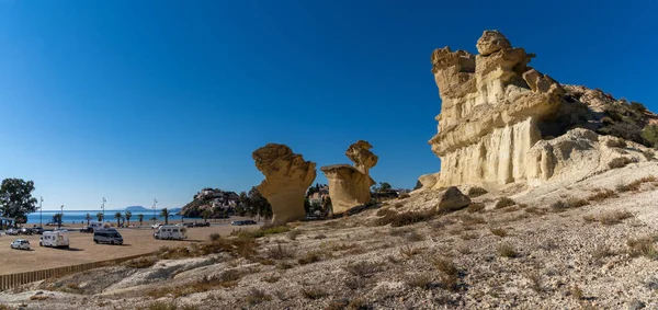 Bolnuevo Spain January 2022 Sandstone Cliffs Many Camper Vans Beach — Stock Photo, Image