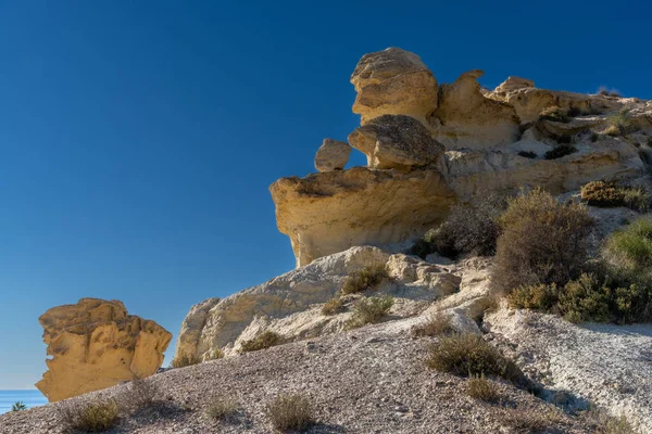 View Famous Sandstone Erosions Hoodoos Bolnuevo Clear Blue Sky — Stock Photo, Image