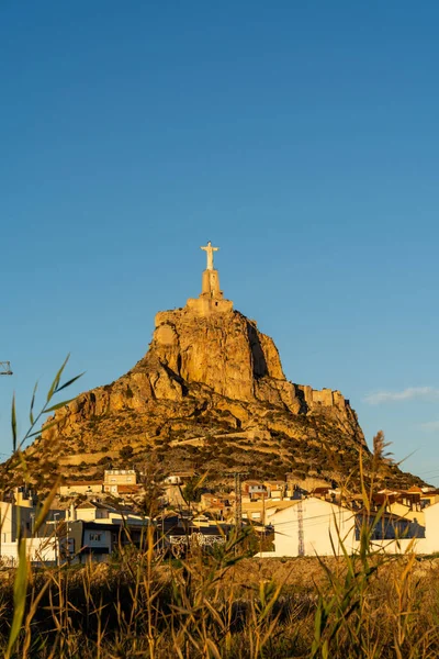 Vue Statue Christ Monteagudo Murcie Dans Lumière Dorée Soir Undeer — Photo