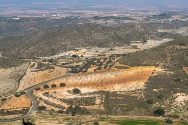 Badem ağaçlarının olduğu yüksek açılı İspanyol çöl manzarası