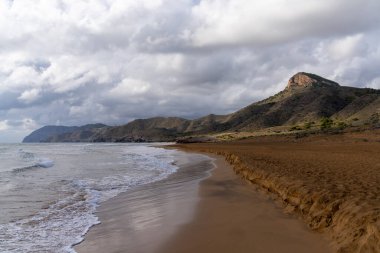 Arkasında anlamlı bir gökyüzü bulunan altın kahverengi kumlu bir sahil manzarası.