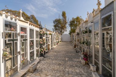 Cuevas del Almanzora, İspanya - 11 Şubat 2022: Cuevas del Almanzora 'nın tarihi mezarlığındaki mozoleleri ve mezarları