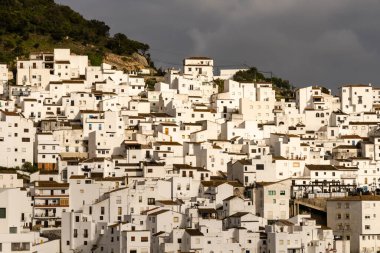 Casares, İspanya - 25 Şubat 2022: Endülüs 'teki Casares köyündeki beyazlatılmış evlerin ayrıntılı görünümü