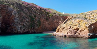 Küçük bir Atlantik adasında küçük kumsalı olan huzurlu bir koy. Uçurumlar ve mavi gökyüzünün altında bir sürü renkli çiçek.