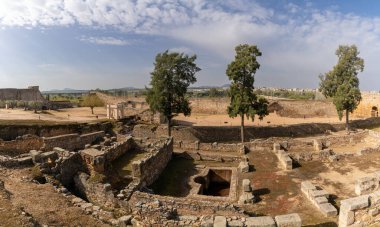 Merida, İspanya -- 28 Mart 2022: Extremadura 'daki Merida kalesinin iç avlu manzarası ve duvarları