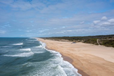 Arkasında yüksek kum tepeleri ve bitki örtüsü olan uçsuz bucaksız boş ve uçsuz bucaksız altın kumsal manzarası.
