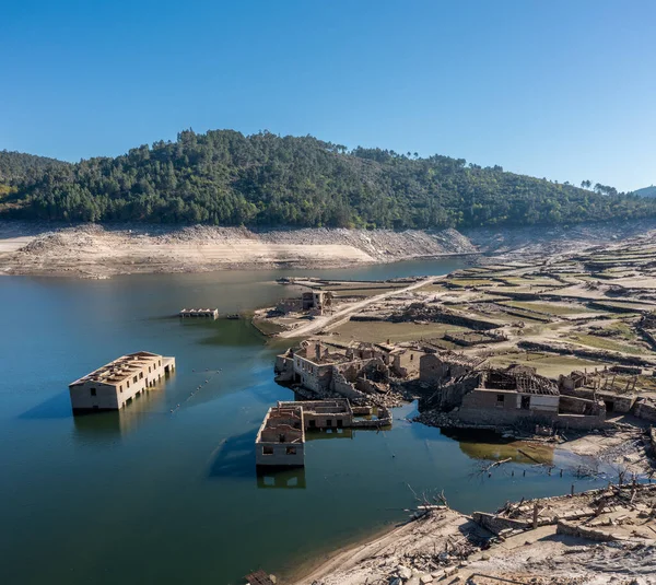 Drone View Ghost Town Aceredo Alto Lindoso Reservoir Low Water — Photo