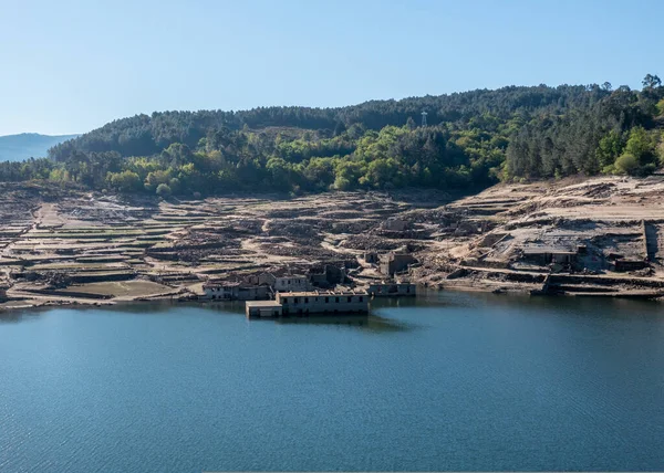 Drone View Ghost Town Aceredo Alto Lindoso Reservoir Low Water — Photo