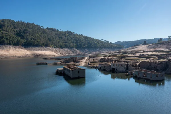 Drone View Ghost Town Aceredo Alto Lindoso Reservoir Low Water — Photo