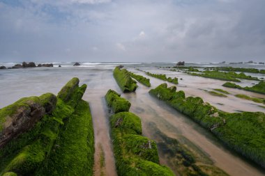 Bilbao yakınlarındaki Barrika sahilinde Flysch kaya oluşumlarının uzun pozlu görüntüsü.