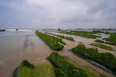 Bilbao yakınlarındaki Barrika sahilinde Flysch kaya oluşumlarının uzun pozlu görüntüsü.