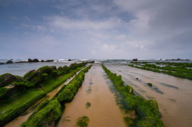 Bilbao yakınlarındaki Barrika sahilinde Flysch kaya oluşumlarının uzun pozlu görüntüsü.
