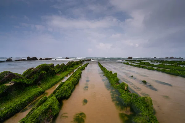 Bilbao yakınlarındaki Barrika sahilinde Flysch kaya oluşumlarının uzun pozlu görüntüsü.