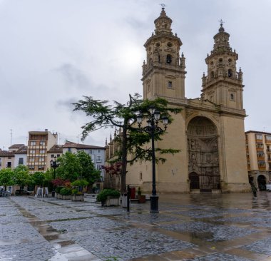 Logrono, İspanya - 27 Nisan 2022: Logrono 'nun tarihi şehir merkezindeki Santa Maria de la Redonda Katedrali manzarası