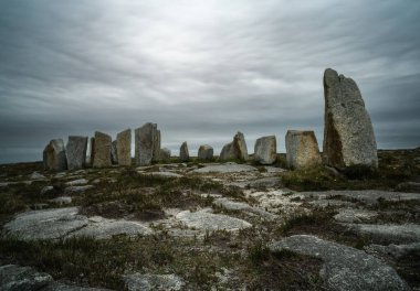 A long exposure view of the historic megalith site of Tobar Dherbhile on the Mullet Peninsula of County Mayo in Ireland
