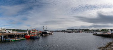 Killybegs, İrlanda - 14 Temmuz 2022: Killybegs sanayi balıkçılık limanında renkli balıkçı tekneleri ve balıkların manzarası