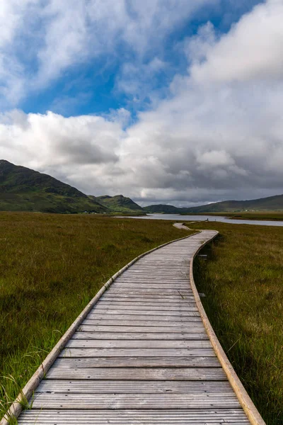 A vertical view of the Claggan Mountain Coastal Trail bog and boardwalk with the Nephir mountain range in the background