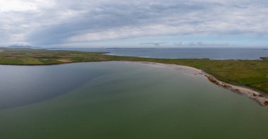 aerial panorama landscape of the beautiful Elly Bay Beach on the Mullet Peninsula of Ireland at low tide