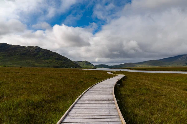 A view of the Claggan Mountain Coastal Trail bog and boardwalk with the Nephir mountain range in the background