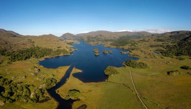 Aerial view of the Owengarriff River and Upper Lake in Killarney National Park in County Kerry