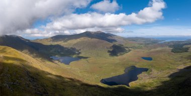 A panorama aerial view of the Mountains of the Central Dingle Peninsula in County Kerry of Ireland