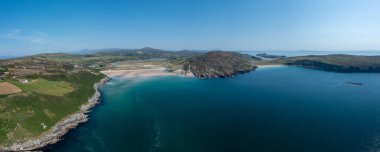 A panorama aerial view of Barley Cove Beach on the Mizen Peninsula of West Cork in Ireland