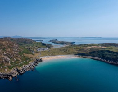 An aerial view of Lackenakea Bay Beach in Barley Cove on the Mizen Peninsula of West Cork in Ireland