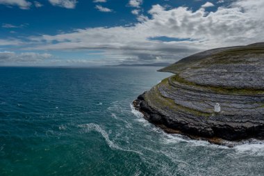 An aerial view of the Burren Coast in County Clare with the Black Head Lighthouse on the rocky point