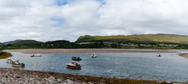 Mulranny, Ireland - 20 July, 2022: panorama landscape of the village and harbor of Mulranny in County Mayo of western Ireland