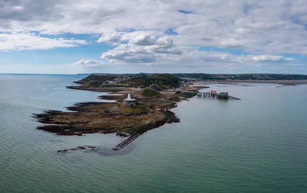 Aerial View Mumbles Headland Historic Lighthouse Piers Swansea Bay — Stockfoto