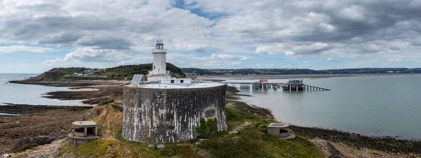 Aerial View Mumbles Headland Historic Lighthouse Piers Swansea Bay — Stockfoto