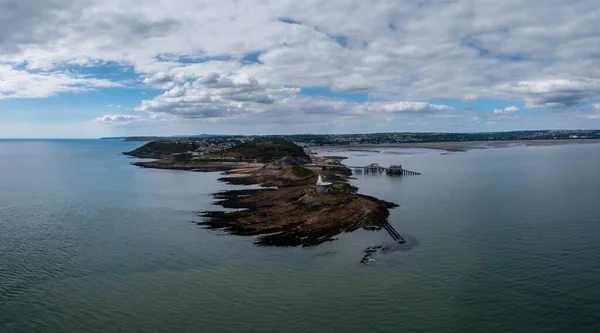 Aerial View Mumbles Headland Historic Lighthouse Piers Swansea Bay — ストック写真