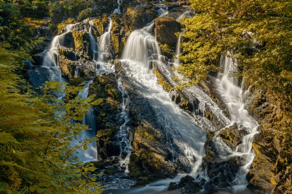View Swallow Falls Waterfall Anglesey Northern Wales Surrounded Lush Green — Stock Photo, Image
