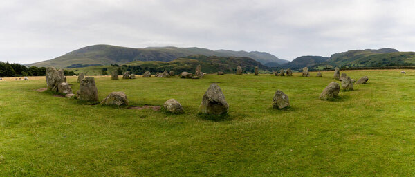 A panorama view of the Castlerigg Stone Circle in the Lake District National Park in Cumbria