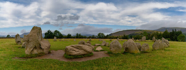 A panorama view of the Castlerigg Stone Circle in the Lake District National Park in Cumbria