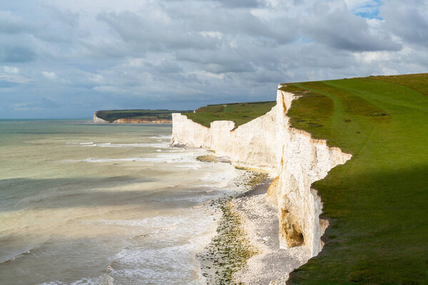A view of the white cliffs of the Seven Sisters in East Sussex on the English Channel