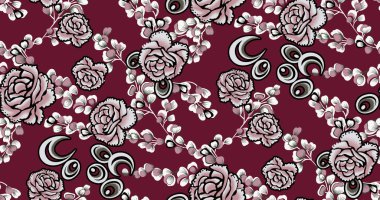 Basit cihazları olan güzel, pürüzsüz raster deseni. Tekstil, ambalaj, kumaş, kumaş, giysi, kapak, kağıt, baskı, albüm için dekoratif süslemeleri olan bir arka plan. Kumaş rengi çiçek