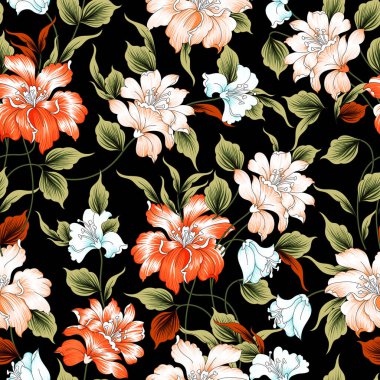 Basit cihazları olan güzel, pürüzsüz raster deseni. Tekstil, ambalaj, kumaş, kumaş, giysi, kapak, kağıt, baskı, albüm için dekoratif süslemeleri olan bir arka plan. Kumaş rengi çiçek