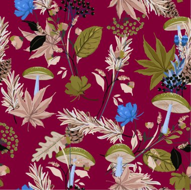 Retro Tropikal Orman Botanik motifleri rastgele dağılmış. Birçok yabani bitkinin kusursuz dokusu çiçek desenli el çizimi tarzıyla klasik renkli arka plan.