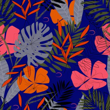 Retro Tropikal Orman Botanik motifleri rastgele dağılmış. Birçok yabani bitkinin kusursuz dokusu çiçek desenli el çizimi tarzıyla klasik renkli arka plan.